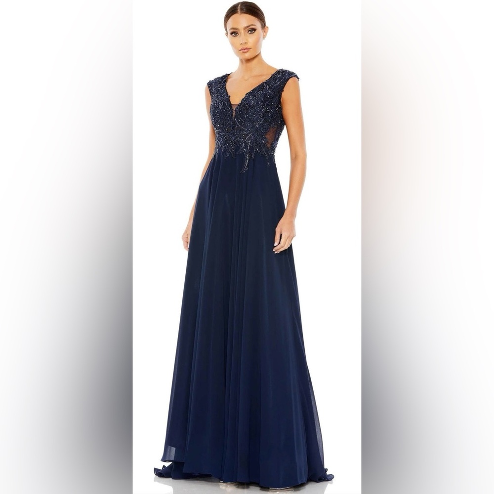 Mac Duggal Navy Beaded V-Neck Cap Sleeve Maxi Gown